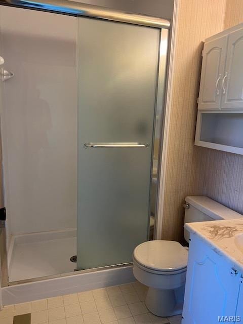 1211 Dorne Dr, Manchester, MO 63021 - bathroom with a shower stall, vanity, wood walls, and tile patterned floors