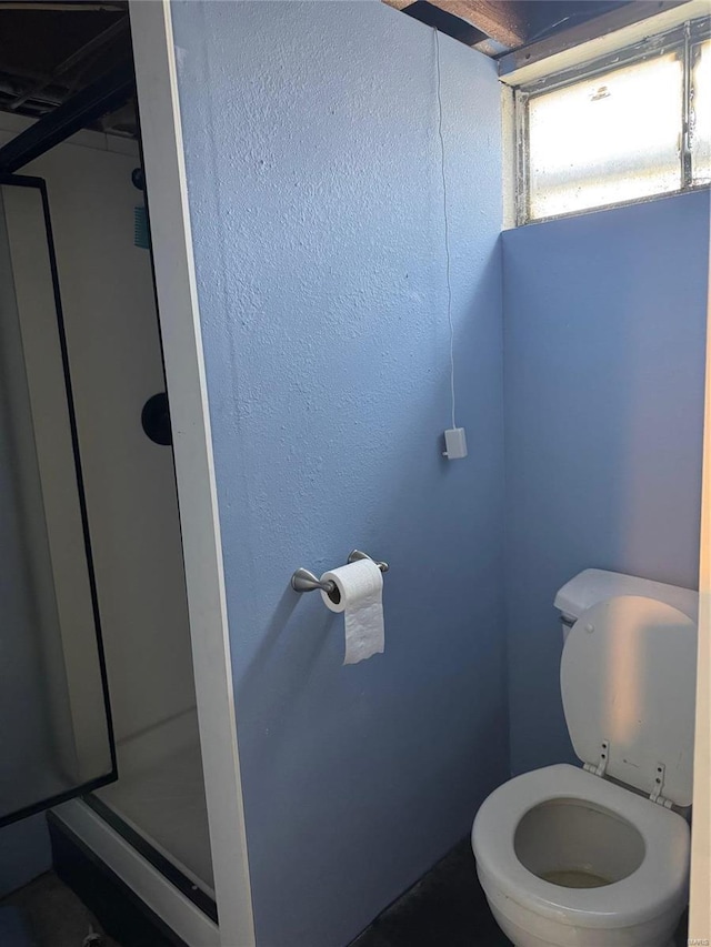 bathroom featuring a stall shower and toilet