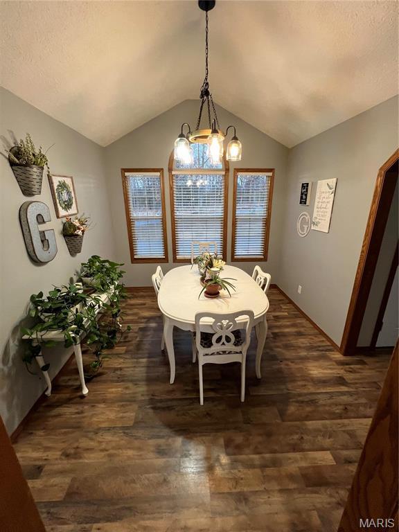dining room with dark wood finished floors, lofted ceiling, and a chandelier