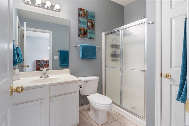 bathroom with tile patterned flooring, a stall shower, vanity, and toilet