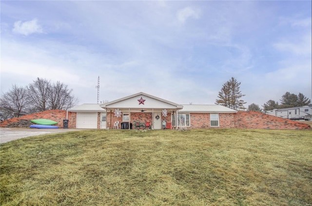 302 E Bay St, Pleasant Hill, IL 62366 - ranch-style home featuring a front lawn, a garage, brick siding, and driveway