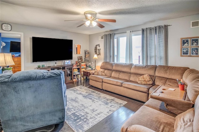 302 E Bay St, Pleasant Hill, IL 62366 - living room featuring a ceiling fan, wood finished floors, and a textured ceiling