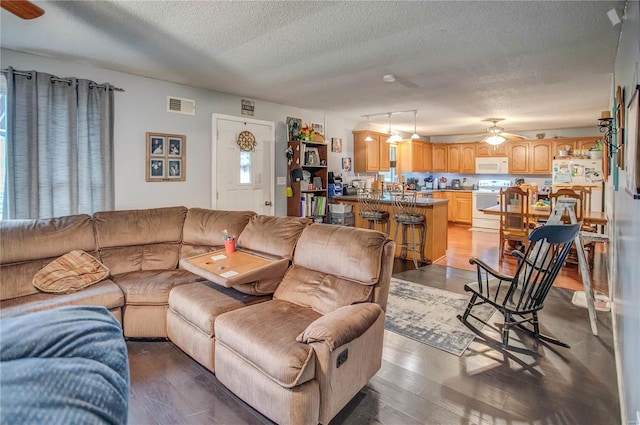 302 E Bay St, Pleasant Hill, IL 62366 - living room with a ceiling fan, a textured ceiling, and wood finished floors