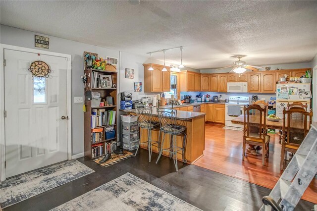 302 E Bay St, Pleasant Hill, IL 62366 - kitchen with white appliances, a textured ceiling, ceiling fan, a peninsula, and rail lighting