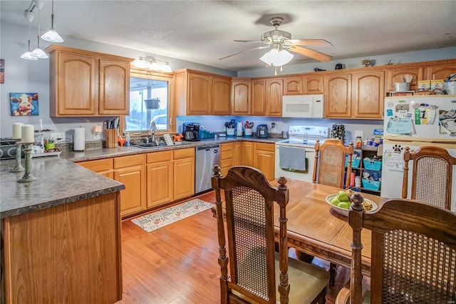 302 E Bay St, Pleasant Hill, IL 62366 - kitchen with white appliances, a sink, a ceiling fan, light wood-type flooring, and decorative light fixtures