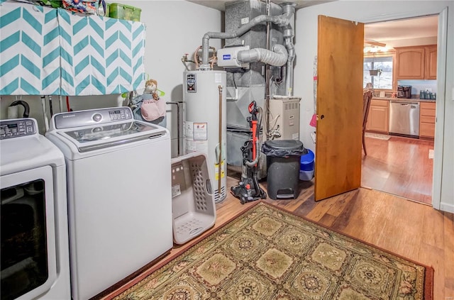 302 E Bay St, Pleasant Hill, IL 62366 - laundry room with gas water heater, wood finished floors, and washing machine and clothes dryer