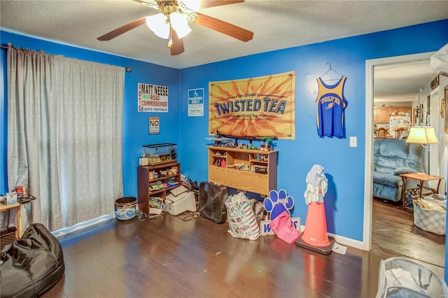 302 E Bay St, Pleasant Hill, IL 62366 - rec room featuring wood finished floors, ceiling fan, baseboards, and a textured ceiling