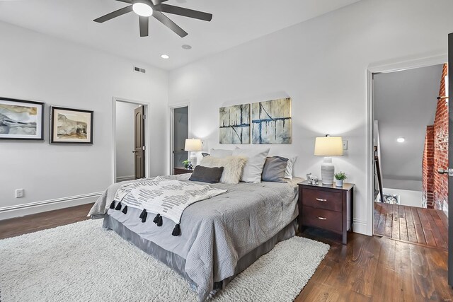 3330 Iowa Ave, Saint Louis, MO 63118 - bedroom with wood finished floors, baseboards, a ceiling fan, and recessed lighting