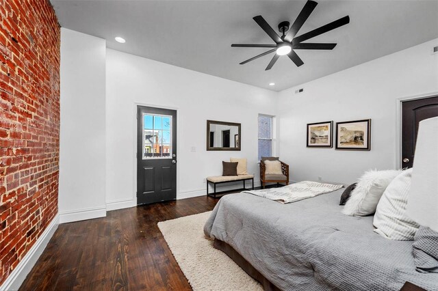 3330 Iowa Ave, Saint Louis, MO 63118 - bedroom with brick wall, hardwood / wood-style floors, baseboards, a ceiling fan, and recessed lighting
