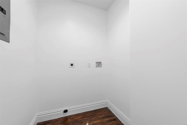 3330 Iowa Ave, Saint Louis, MO 63118 - laundry room with electric dryer hookup, hookup for a washing machine, baseboards, and dark wood-style flooring