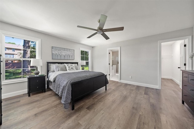 bedroom featuring multiple windows, wood finished floors, and baseboards