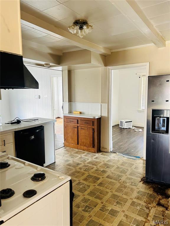 10719 Thorpe Ave, Saint Louis, MO 63114 - kitchen featuring white electric range oven, black dishwasher, fridge with ice dispenser, brown cabinetry, and beamed ceiling