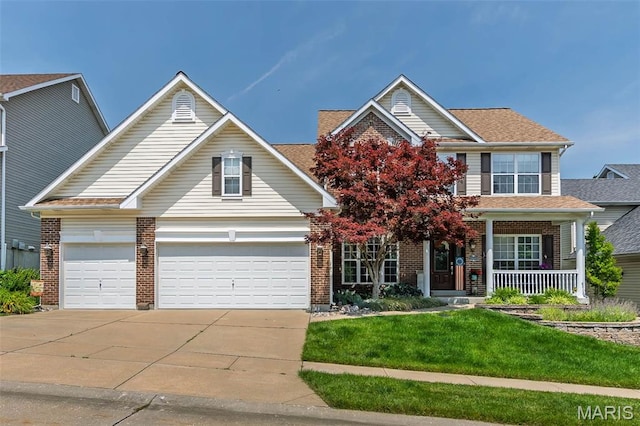 885 Morgan Rdg, High Ridge, MO 63049 - traditional home featuring driveway, covered porch, brick siding, a front lawn, and a garage