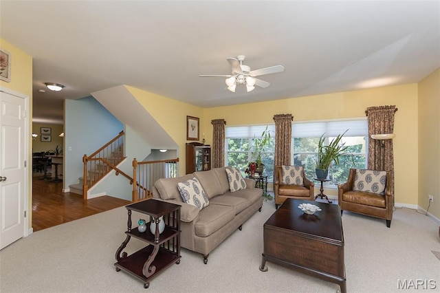 885 Morgan Rdg, High Ridge, MO 63049 - carpeted living area with ceiling fan and stairway
