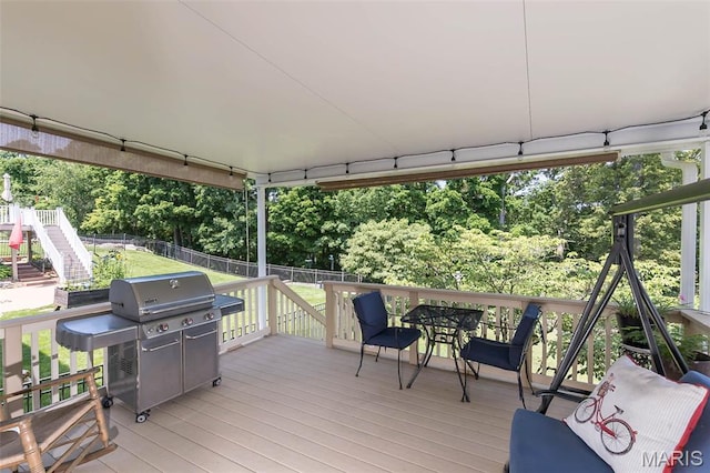 885 Morgan Rdg, High Ridge, MO 63049 - wooden deck featuring grilling area, stairs, and view of scattered trees