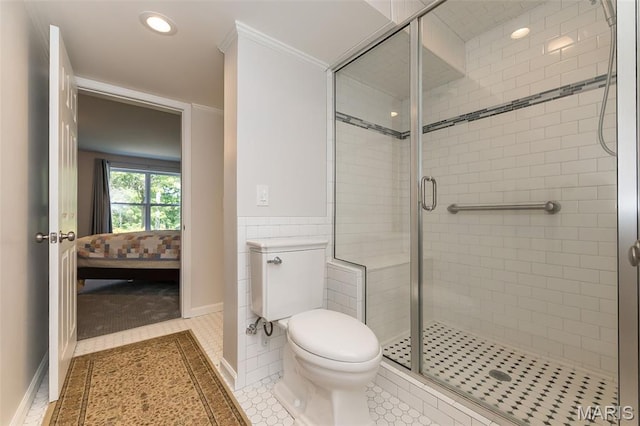 885 Morgan Rdg, High Ridge, MO 63049 - bathroom featuring a stall shower, connected bathroom, recessed lighting, and tile patterned flooring