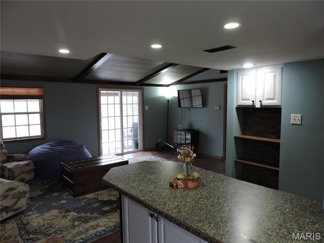 17 Martone St, Elsberry, MO 63343 - kitchen featuring open floor plan, white cabinetry, dark countertops, and recessed lighting