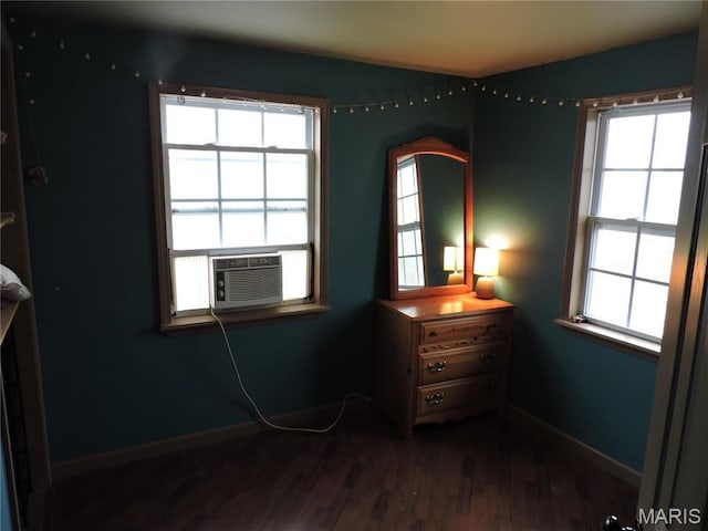 17 Martone St, Elsberry, MO 63343 - bedroom with baseboards, dark wood-type flooring, cooling unit, multiple windows, and lofted ceiling