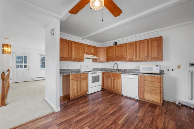 kitchen with white appliances, under cabinet range hood, a sink, ceiling fan, and a baseboard radiator