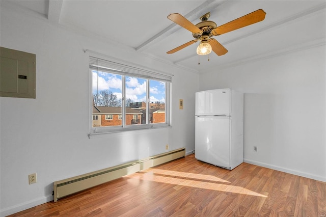 unfurnished room with a baseboard radiator, electric panel, beam ceiling, light wood-style floors, and a ceiling fan