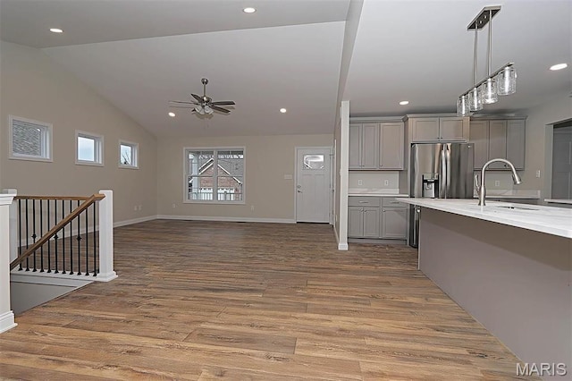 40 Butterfield, Farmington, MO 63640 - kitchen featuring gray cabinets, stainless steel fridge with ice dispenser, ceiling fan, wood finished floors, and a sink
