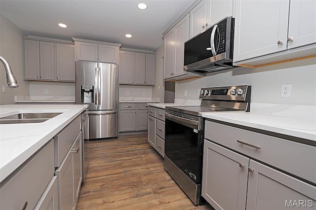 40 Butterfield, Farmington, MO 63640 - kitchen featuring appliances with stainless steel finishes, gray cabinets, a sink, wood finished floors, and recessed lighting