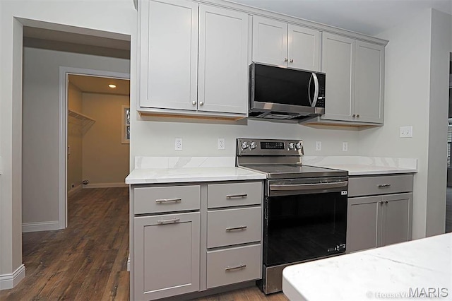 40 Butterfield, Farmington, MO 63640 - kitchen with stainless steel appliances, gray cabinets, dark wood-style flooring, and baseboards