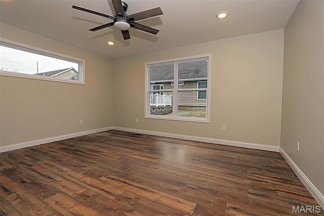 40 Butterfield, Farmington, MO 63640 - unfurnished room featuring dark wood-style floors, ceiling fan, recessed lighting, and baseboards
