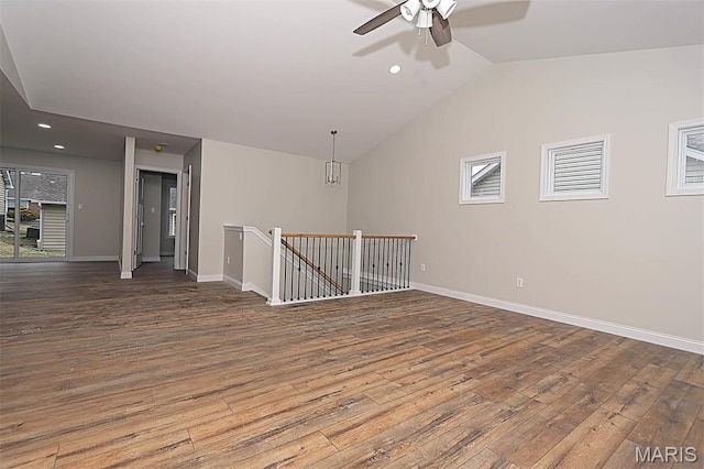 40 Butterfield, Farmington, MO 63640 - spare room with hardwood / wood-style floors, a ceiling fan, vaulted ceiling, baseboards, and recessed lighting