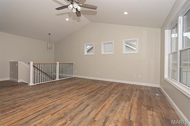 40 Butterfield, Farmington, MO 63640 - unfurnished room with hardwood / wood-style flooring, lofted ceiling, a ceiling fan, baseboards, and recessed lighting