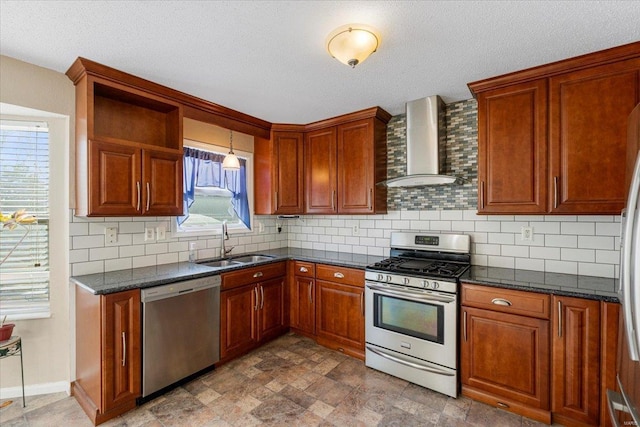 2537 Castle Pines Dr, Imperial, MO 63052 - kitchen featuring wall chimney exhaust hood, appliances with stainless steel finishes, a sink, backsplash, and open shelves