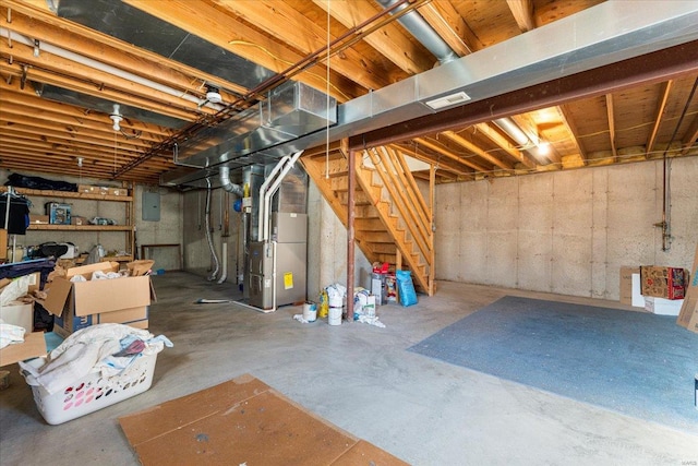 2537 Castle Pines Dr, Imperial, MO 63052 - unfinished basement with heating unit, electric panel, and stairs