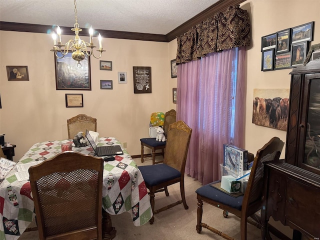 22755 Pin Oak Dr, Lebanon, MO 65536 - carpeted dining space with a chandelier, ornamental molding, and a textured ceiling