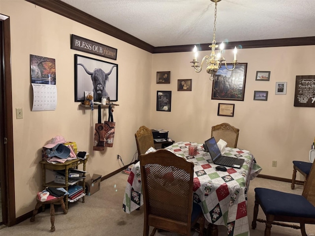 22755 Pin Oak Dr, Lebanon, MO 65536 - carpeted dining space featuring a chandelier, crown molding, baseboards, and a textured ceiling