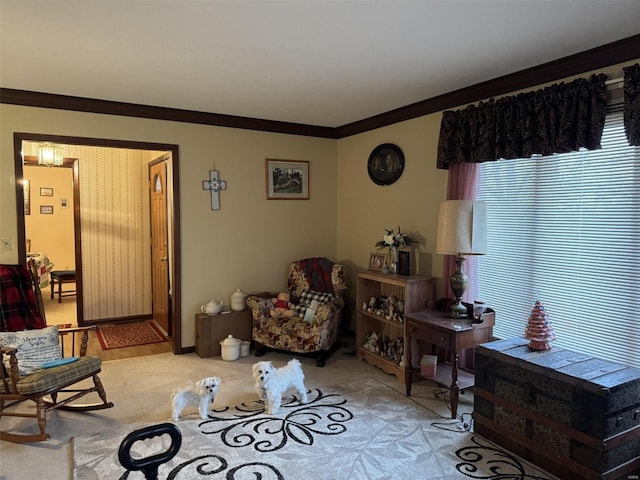22755 Pin Oak Dr, Lebanon, MO 65536 - carpeted living room featuring crown molding