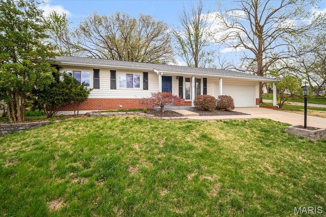 4501 Conleth Dr, Saint Louis, MO 63129 - ranch-style house featuring concrete driveway, a garage, brick siding, and a front lawn