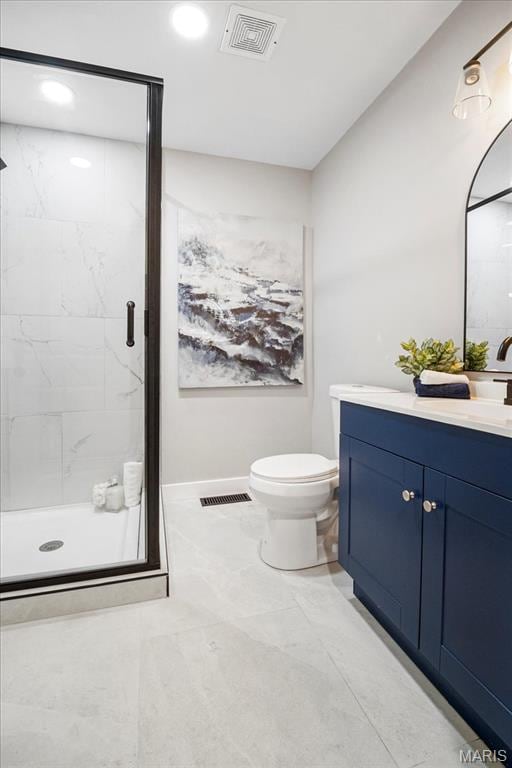 4501 Conleth Dr, Saint Louis, MO 63129 - bathroom featuring vanity, a shower stall, toilet, and marble finish floors