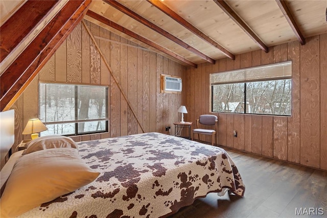 353 Seebrook Lake Dr, Wright City, MO 63390 - bedroom featuring wood-type flooring, wooden walls, and a wall unit AC