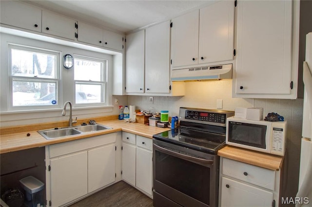 330 Grant St, Bethalto, IL 62010 - kitchen with under cabinet range hood, stainless steel electric range, white microwave, a sink, and light countertops