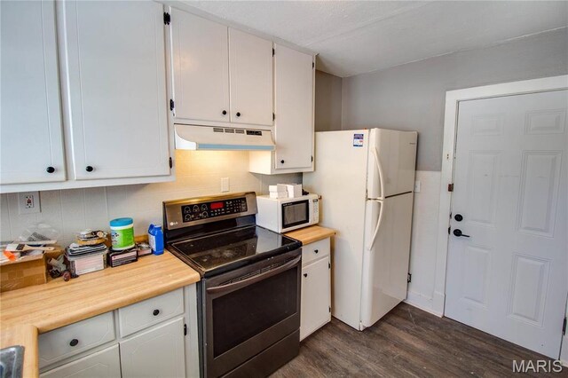 330 Grant St, Bethalto, IL 62010 - kitchen with white appliances, under cabinet range hood, dark wood-style flooring, and light countertops