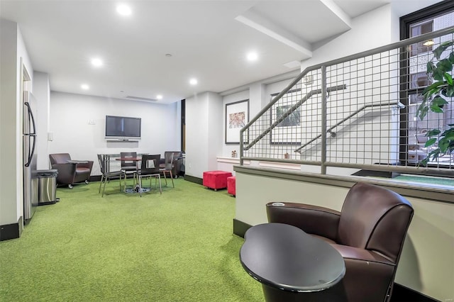 rec room with carpet flooring, recessed lighting, and baseboards