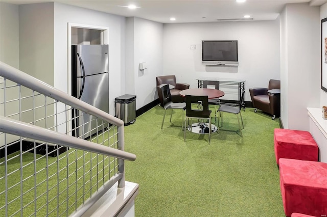 playroom with carpet, recessed lighting, and baseboards