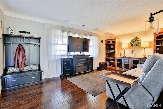 living area featuring wood-type flooring, baseboards, and a glass covered fireplace