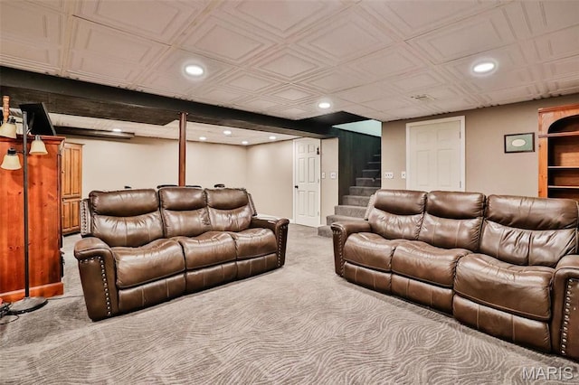 living area with recessed lighting, carpet floors, and stairway