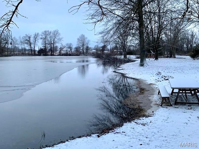 yard layered in snow with a water view