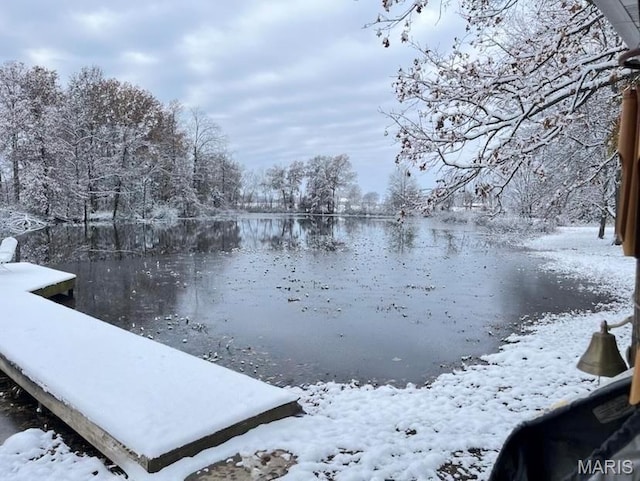 snowy yard with a water view