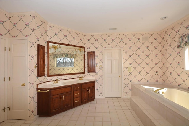 821 Oak Knoll Rd, Rolla, MO 65401 - full bath with ornamental molding, tile patterned floors, double vanity, and a bath