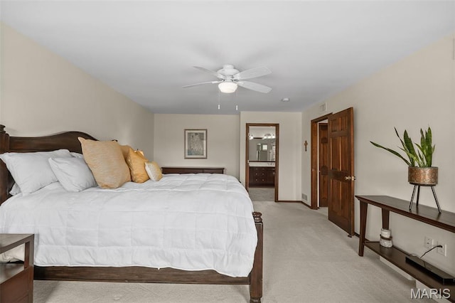 1578 Mason Knoll Rd, Town And Country, MO 63131 - bedroom featuring light carpet, connected bathroom, and a ceiling fan