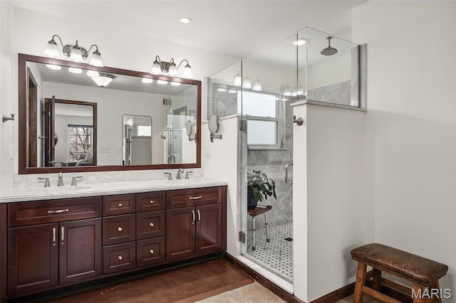 1578 Mason Knoll Rd, Town And Country, MO 63131 - bathroom featuring a stall shower, plenty of natural light, and double vanity