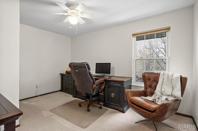 1578 Mason Knoll Rd, Town And Country, MO 63131 - office area with light carpet, ceiling fan, and baseboards